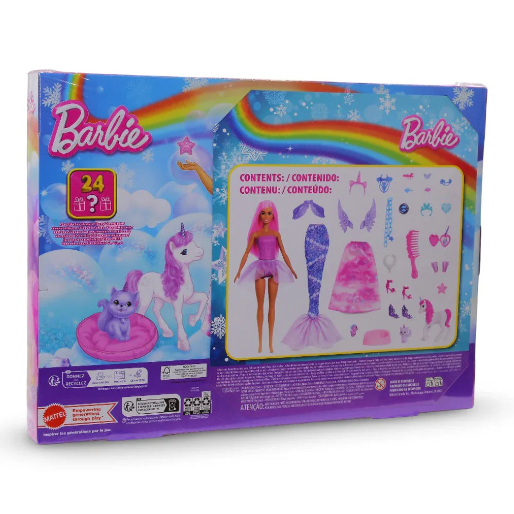 Mattel Barbie Advent Calendar Doll – 24 Accessories Unicorn, Pets, Mermaid Doll and Fairy