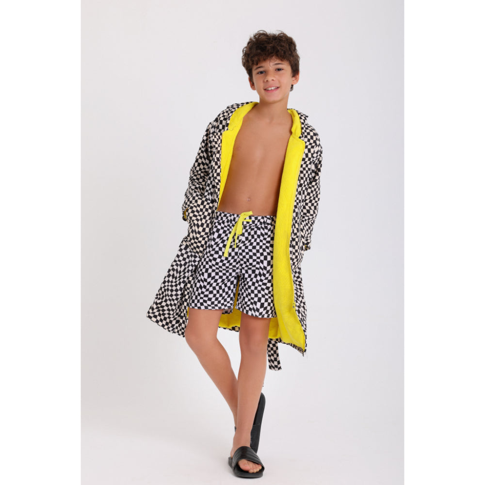 Boys Waterproof Swim Robe – Black & White with Squares Print - Clothing - Playmore