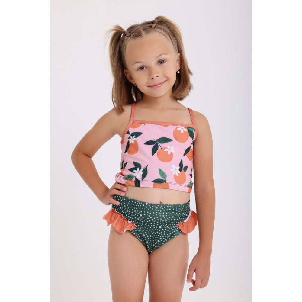 Girls 2-Piece Swimsuit – Dusty Pink & Olive – Orange Print