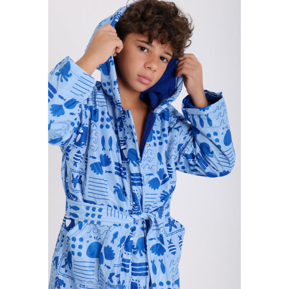 Boys Waterproof Swim Robe – Baby Blue with Sea Creatures Print