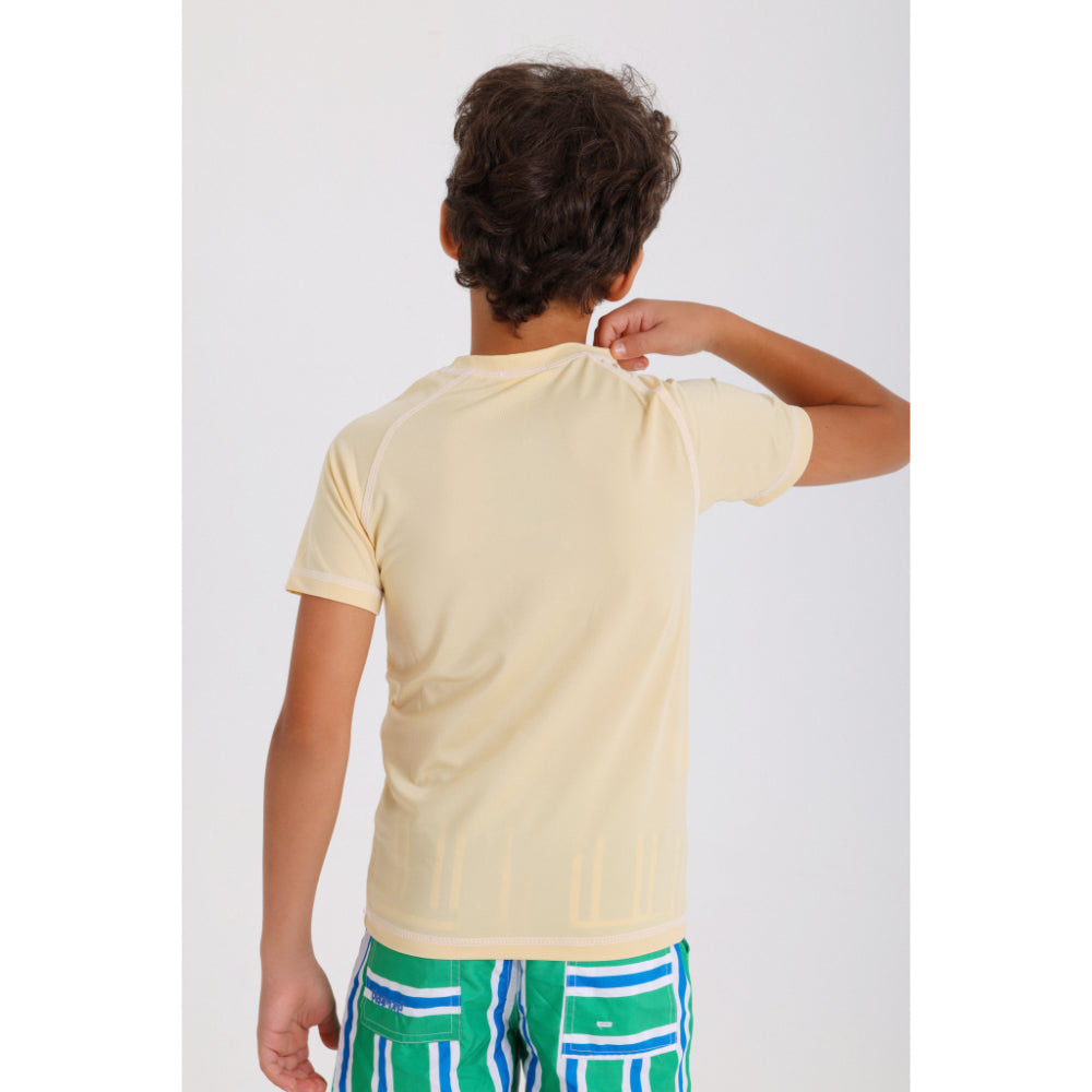 Boys Short Sleeve Rash Guard – Beige with "Life is Better On The Beach" Print