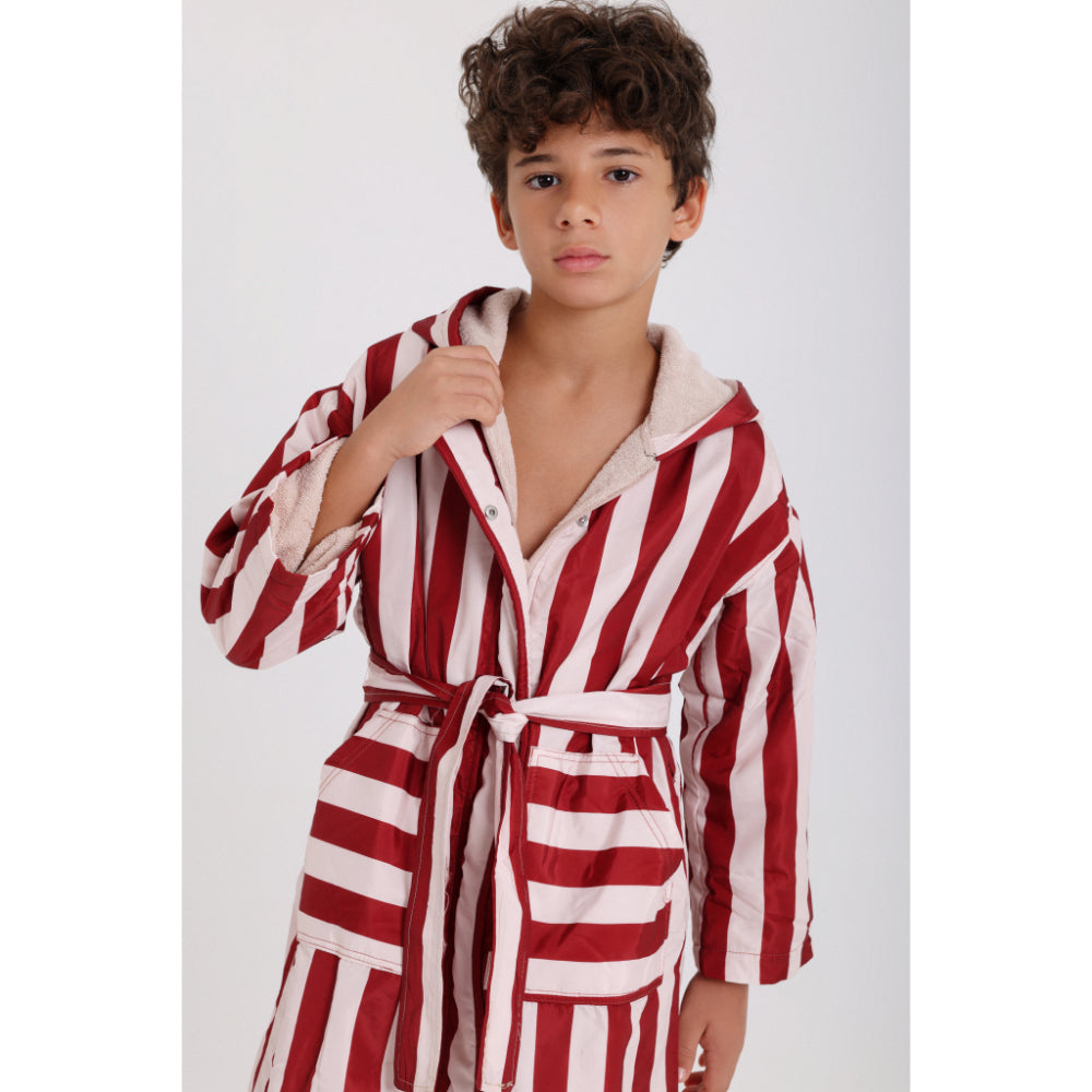 Boys Waterproof Swim Robe – Marron & White Striped Print