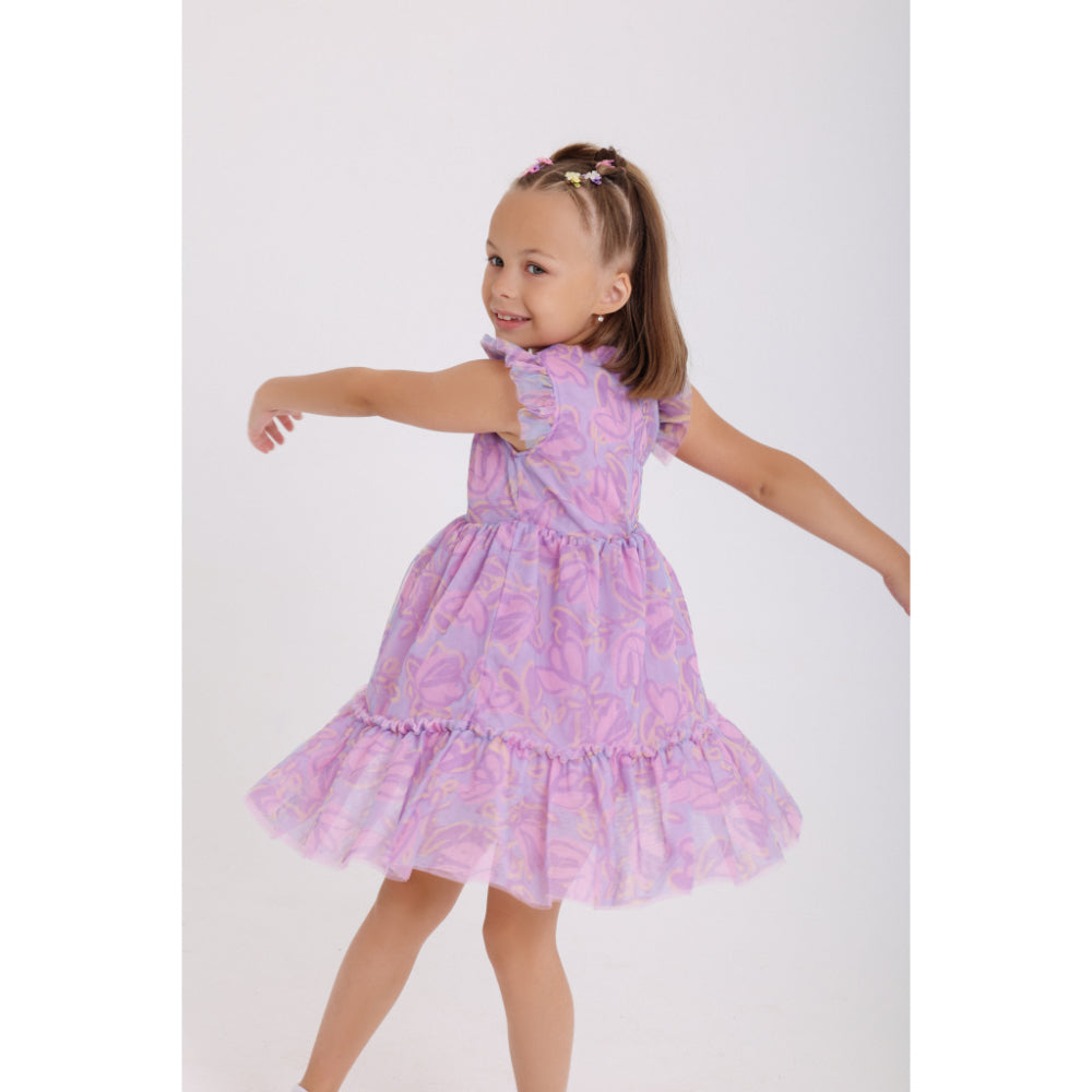 Girls Tulle Sleeveless Dress – Purple with Flowers Print