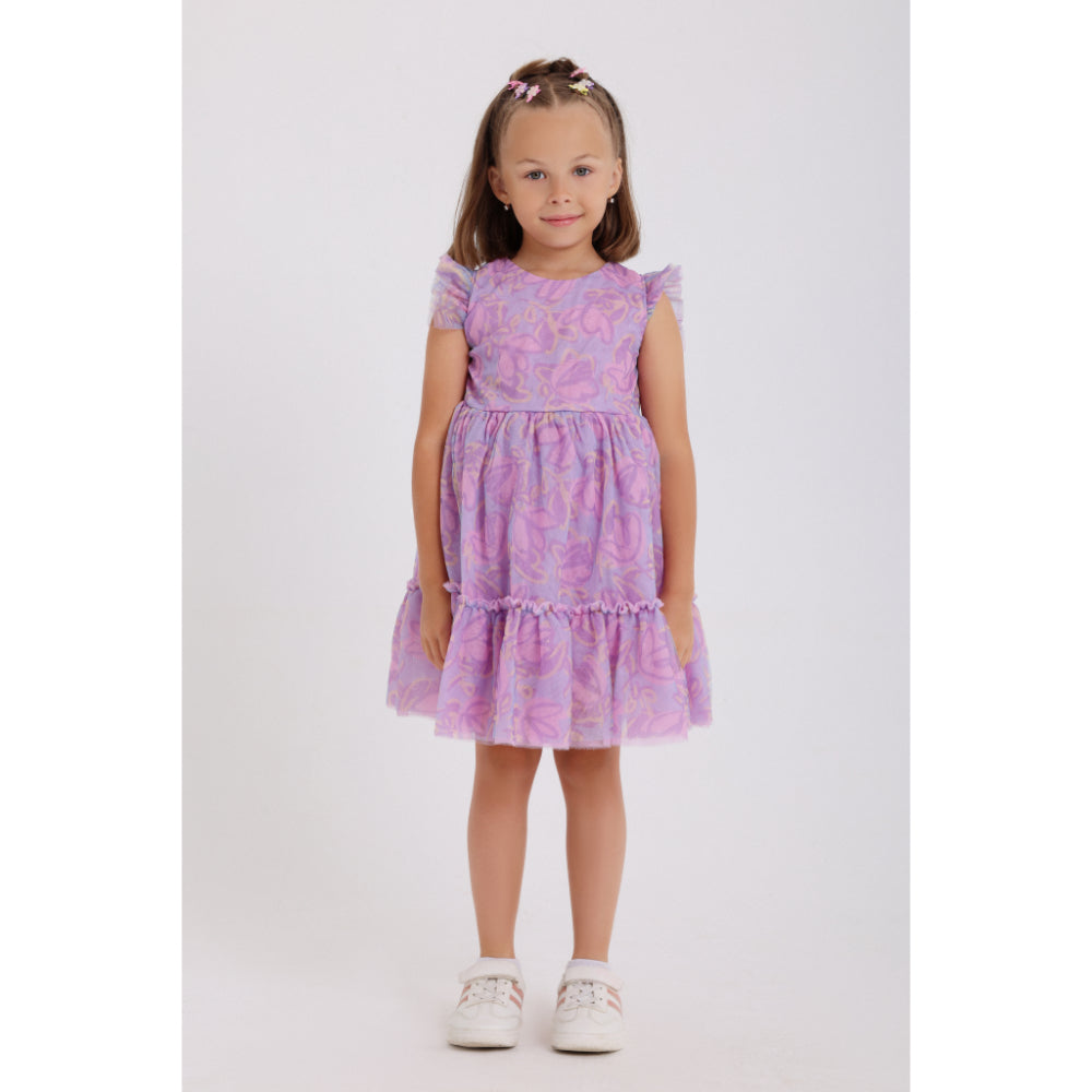 Girls Tulle Sleeveless Dress – Purple with Flowers Print