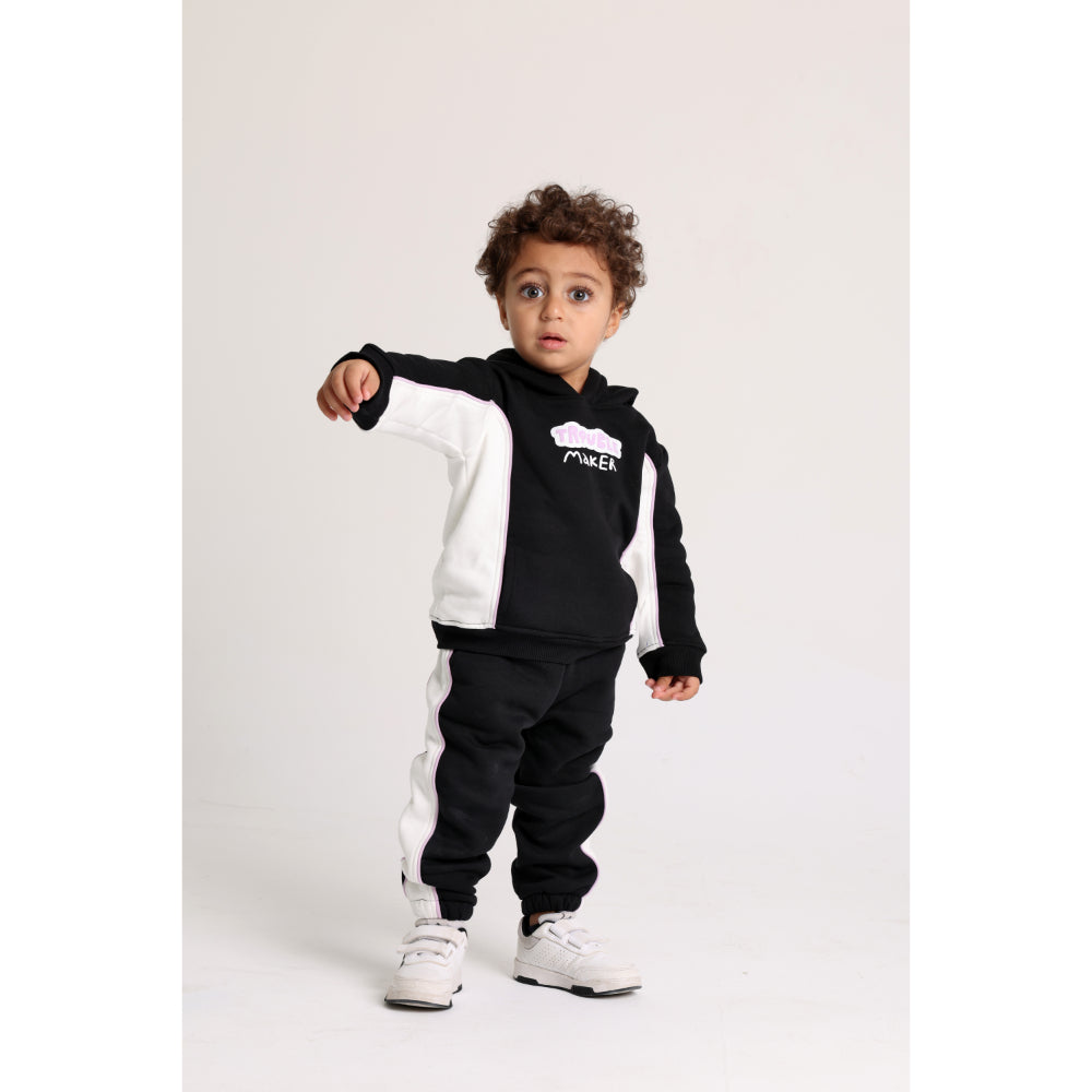 Unisex Cotton Hoodie – Black & Off-White with “Trouble Maker” Design