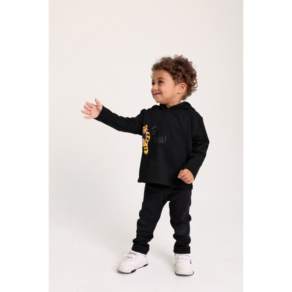 Baby Boys Cotton Hooded T-Shirt – Black with Little Tiger Print