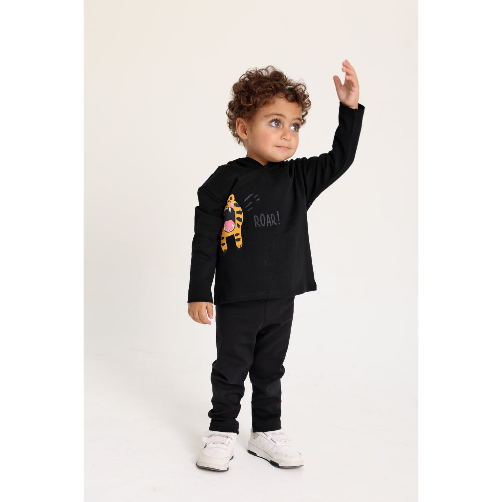 Baby Boys Cotton Hooded T-Shirt – Black with Little Tiger Print