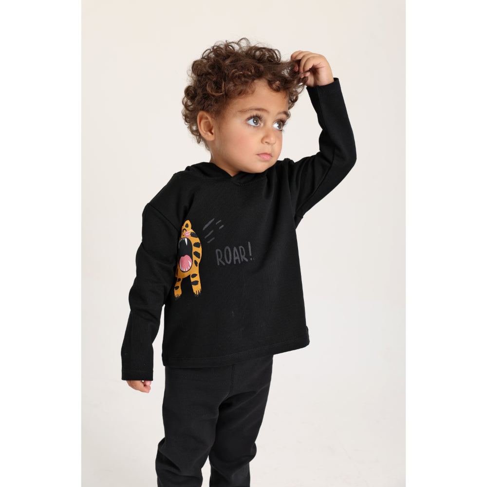 Baby Boys Cotton Hooded T-Shirt – Black with Little Tiger Print