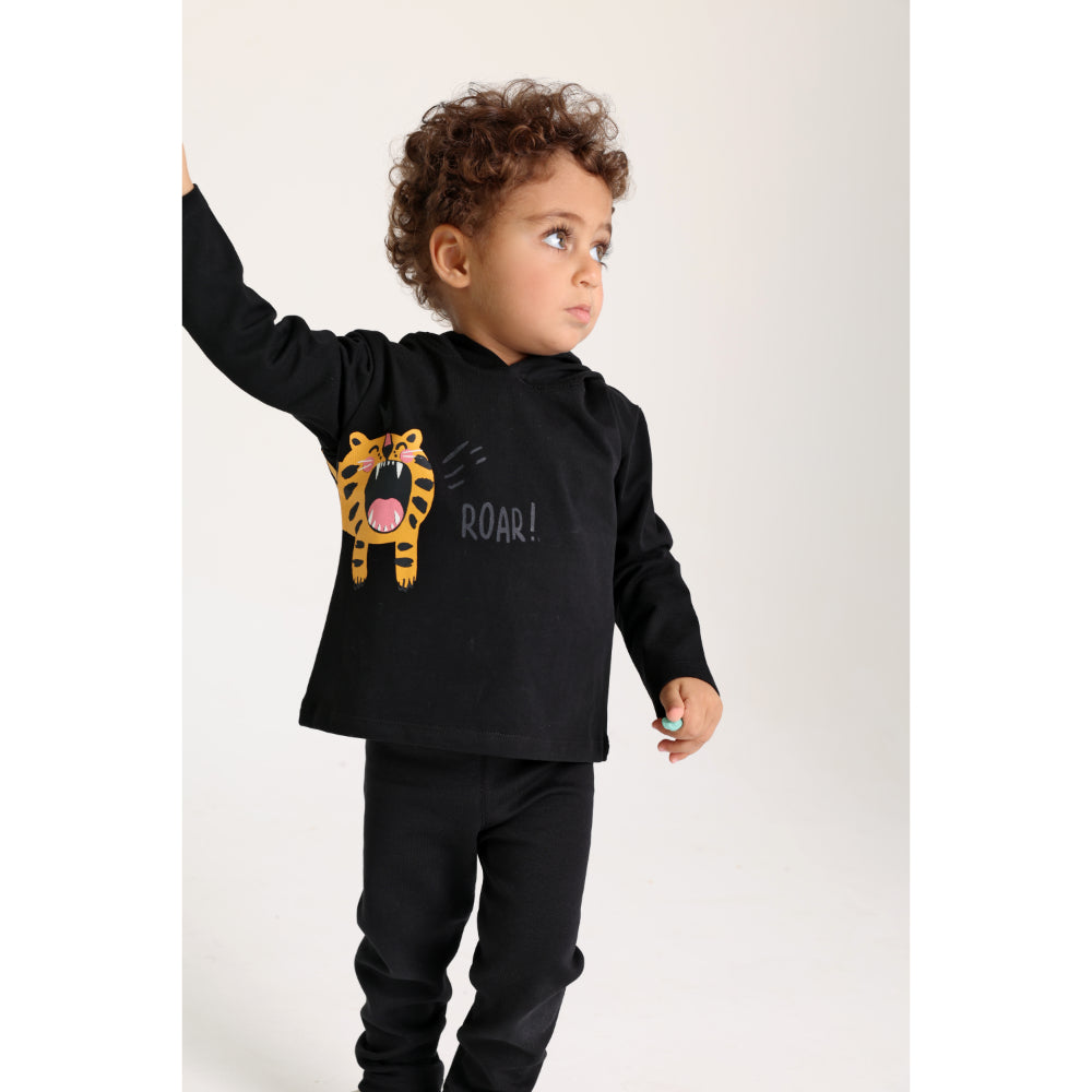 Baby Boys Cotton Hooded T-Shirt – Black with Little Tiger Print