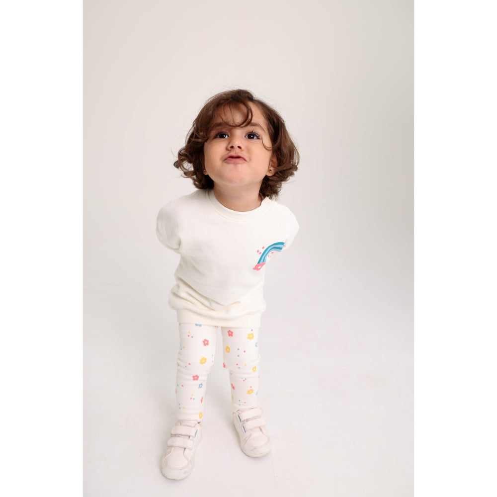 Baby Girls Cotton 2-Piece Outfit Set – Off-White with Rainbow & Flowers Print