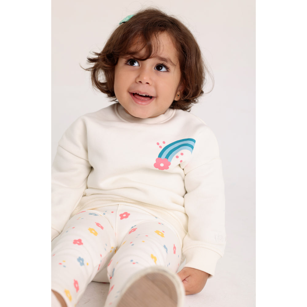 Baby Girls Cotton 2-Piece Outfit Set – Off-White with Rainbow & Flowers Print - Clothing - Playmore