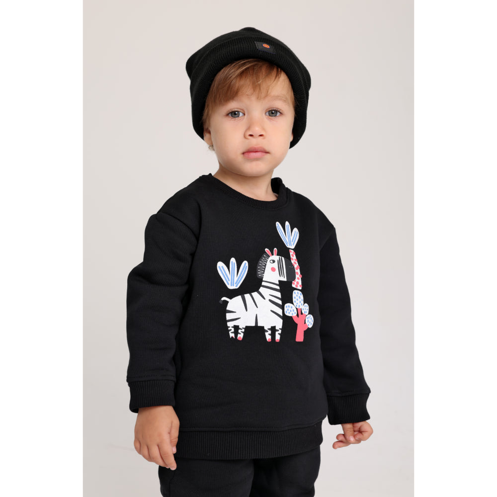 Unisex Cotton Sweatshirt – Black with Zebra Print