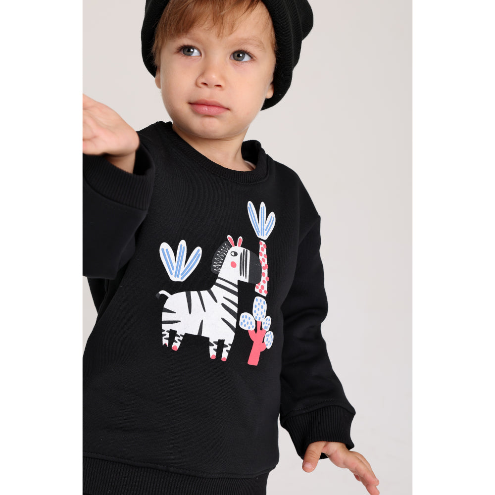Unisex Cotton Sweatshirt – Black with Zebra Print