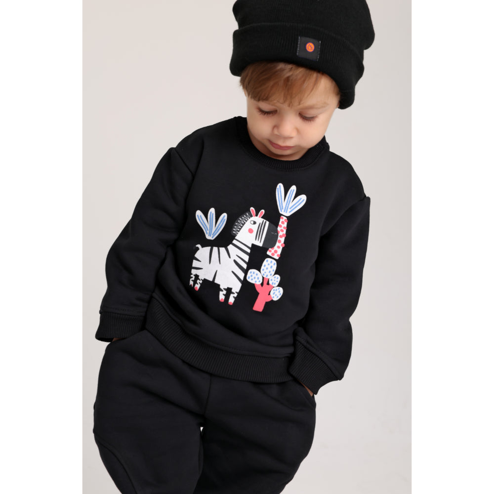 Unisex Cotton Sweatshirt – Black with Zebra Print