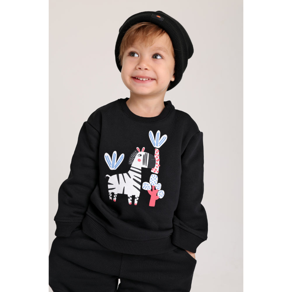 Unisex Cotton Sweatshirt – Black with Zebra Print