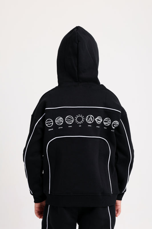 Boys Cotton Hoodie – Black with "Outer Space" Print