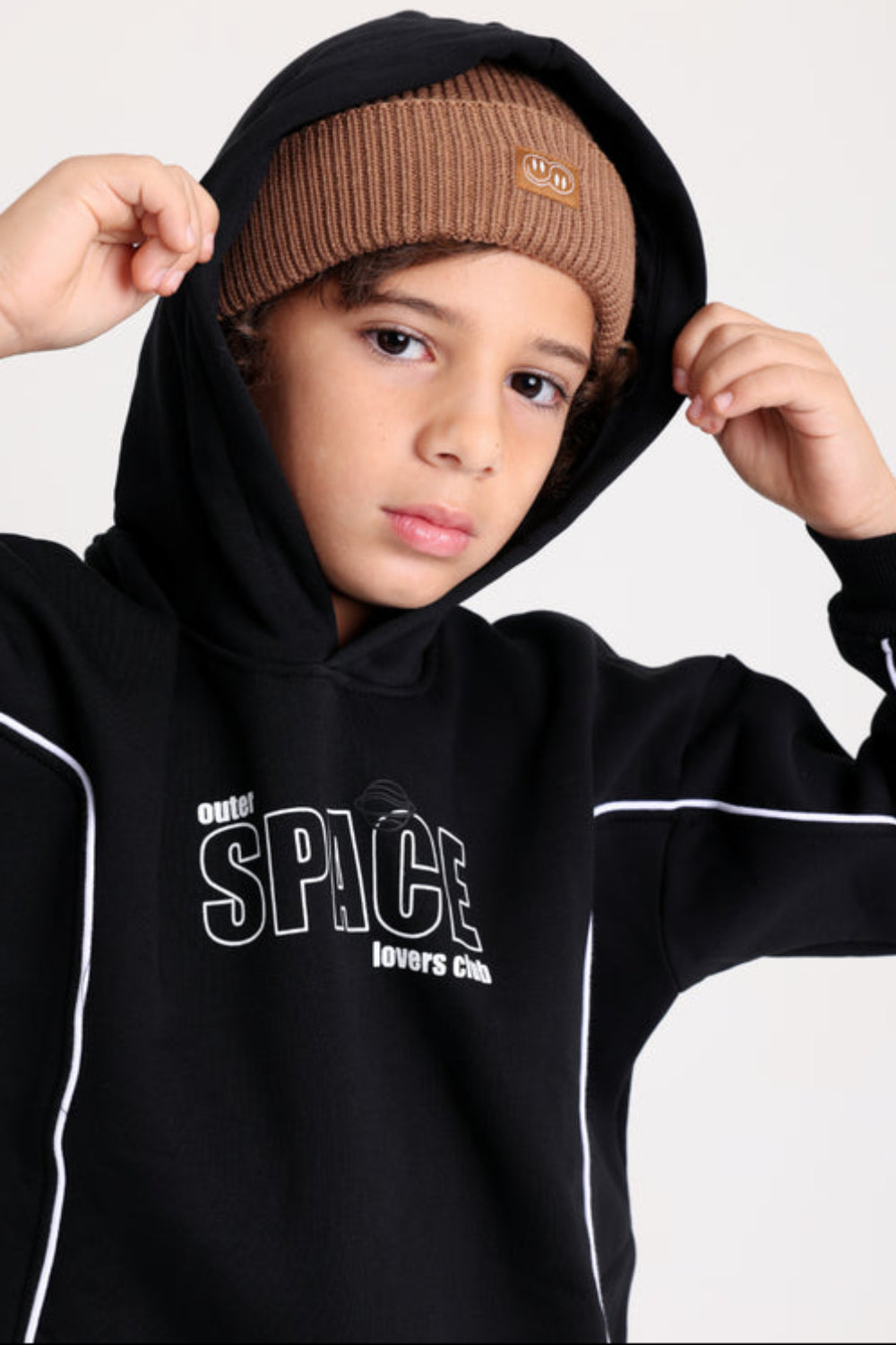 Boys Cotton Hoodie – Black with "Outer Space" Print