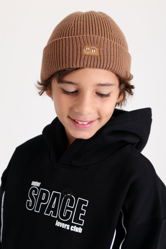 Boys Cotton Hoodie – Black with "Outer Space" Print