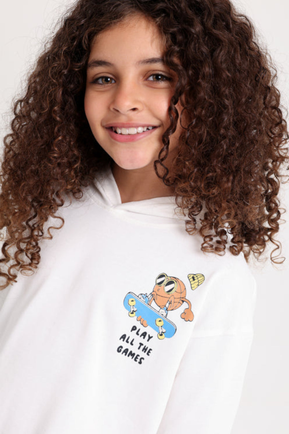 Girls Cotton Hoodie – Off-White with "Play All The Games" Print