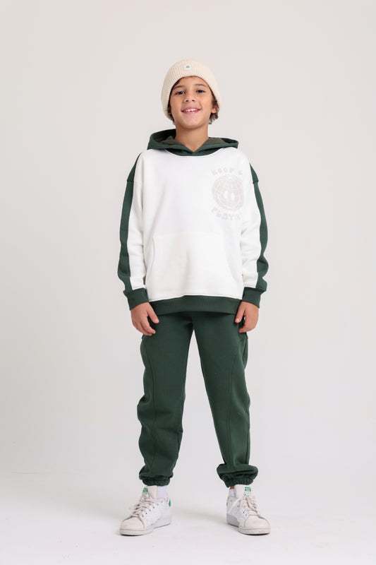 Boys Cotton Hoodie – Off-Wihte & Olive with "Keep on Playing" Print