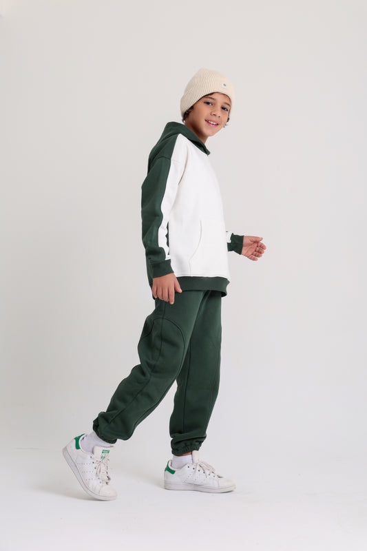 Boys Cotton Hoodie – Off-Wihte & Olive with "Keep on Playing" Print
