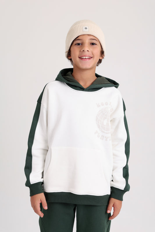 Boys Cotton Hoodie – Off-Wihte & Olive with "Keep on Playing" Print