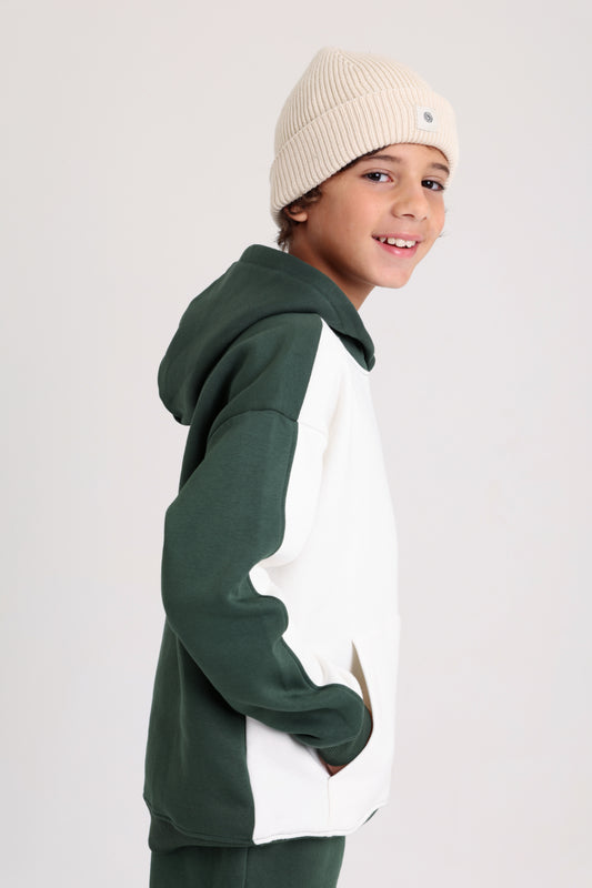Boys Cotton Hoodie – Off-Wihte & Olive with "Keep on Playing" Print
