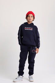Boys Cotton Hoodie – Navy with "Unlimited Play Presented By Unlimited Fun Dept" Print