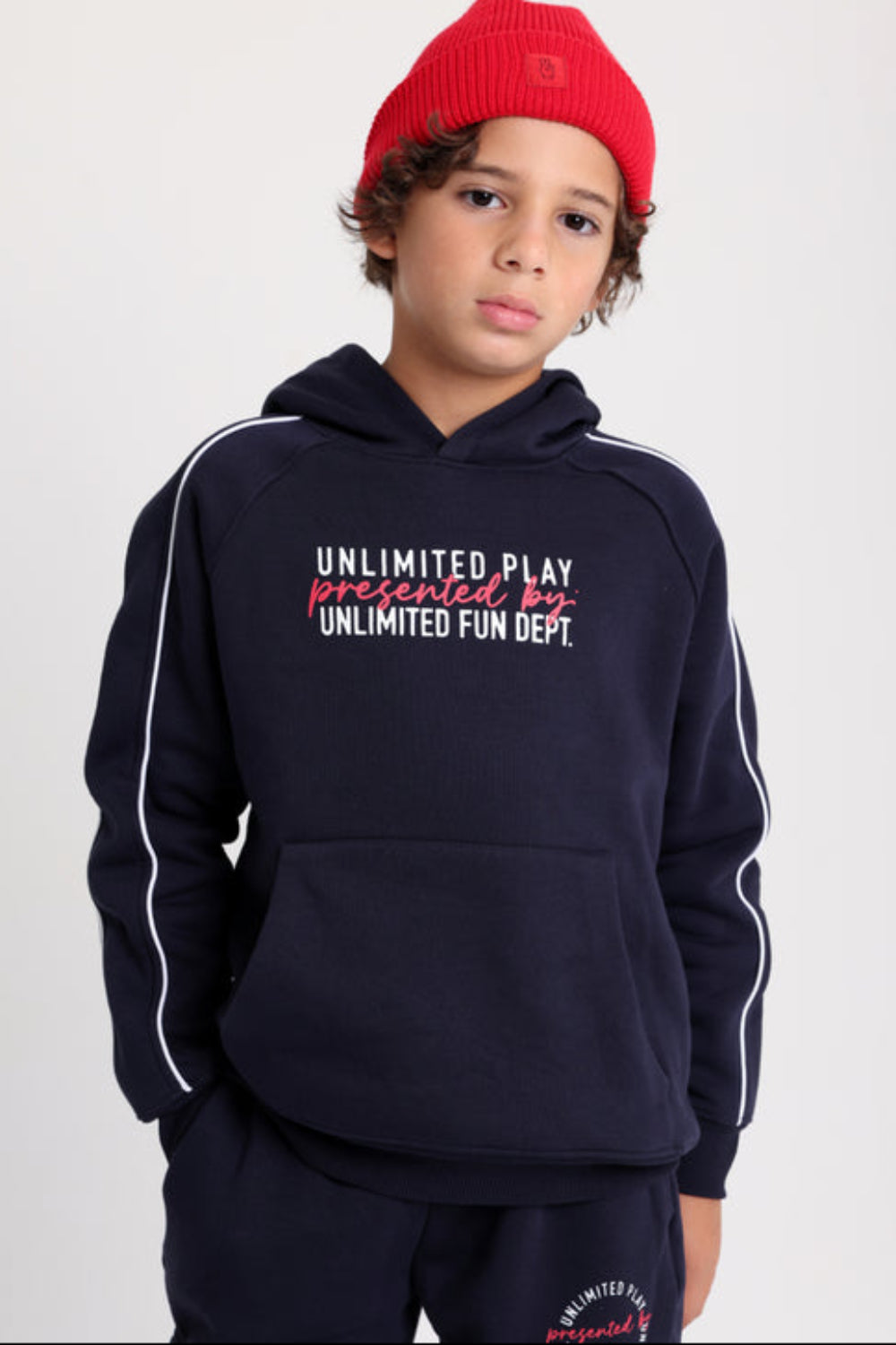 Boys Cotton Hoodie – Navy with "Unlimited Play Presented By Unlimited Fun Dept" Print