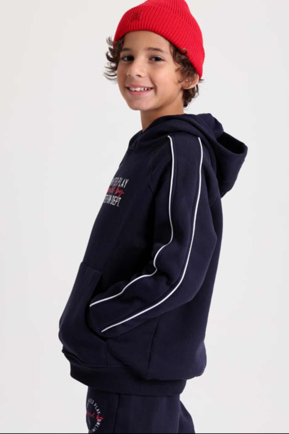 Boys Cotton Hoodie – Navy with "Unlimited Play Presented By Unlimited Fun Dept" Print
