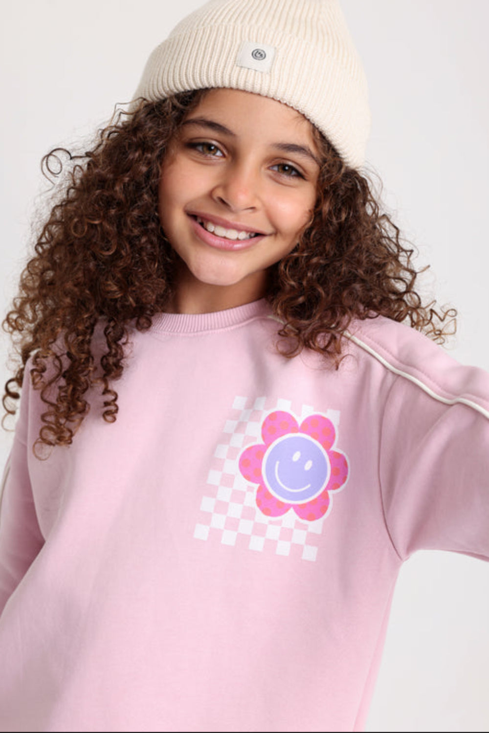 Girls Cotton Sweatshirt – Pink with Smiley Flowers