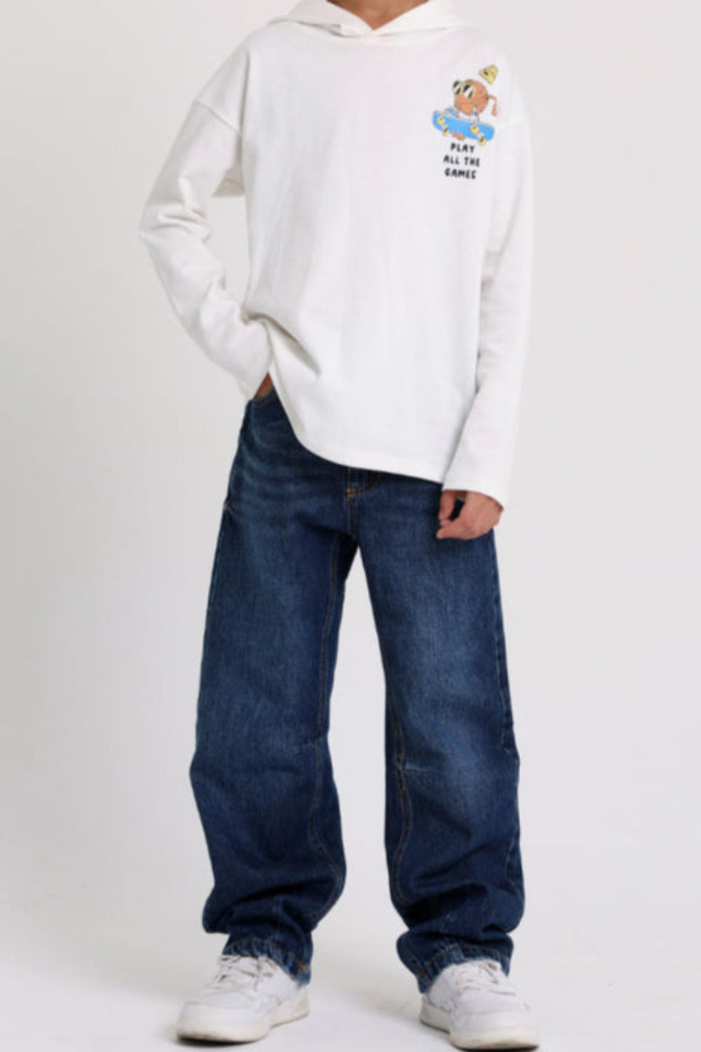 Girls Cotton Hoodie – Off-White with "Play All The Games" Print