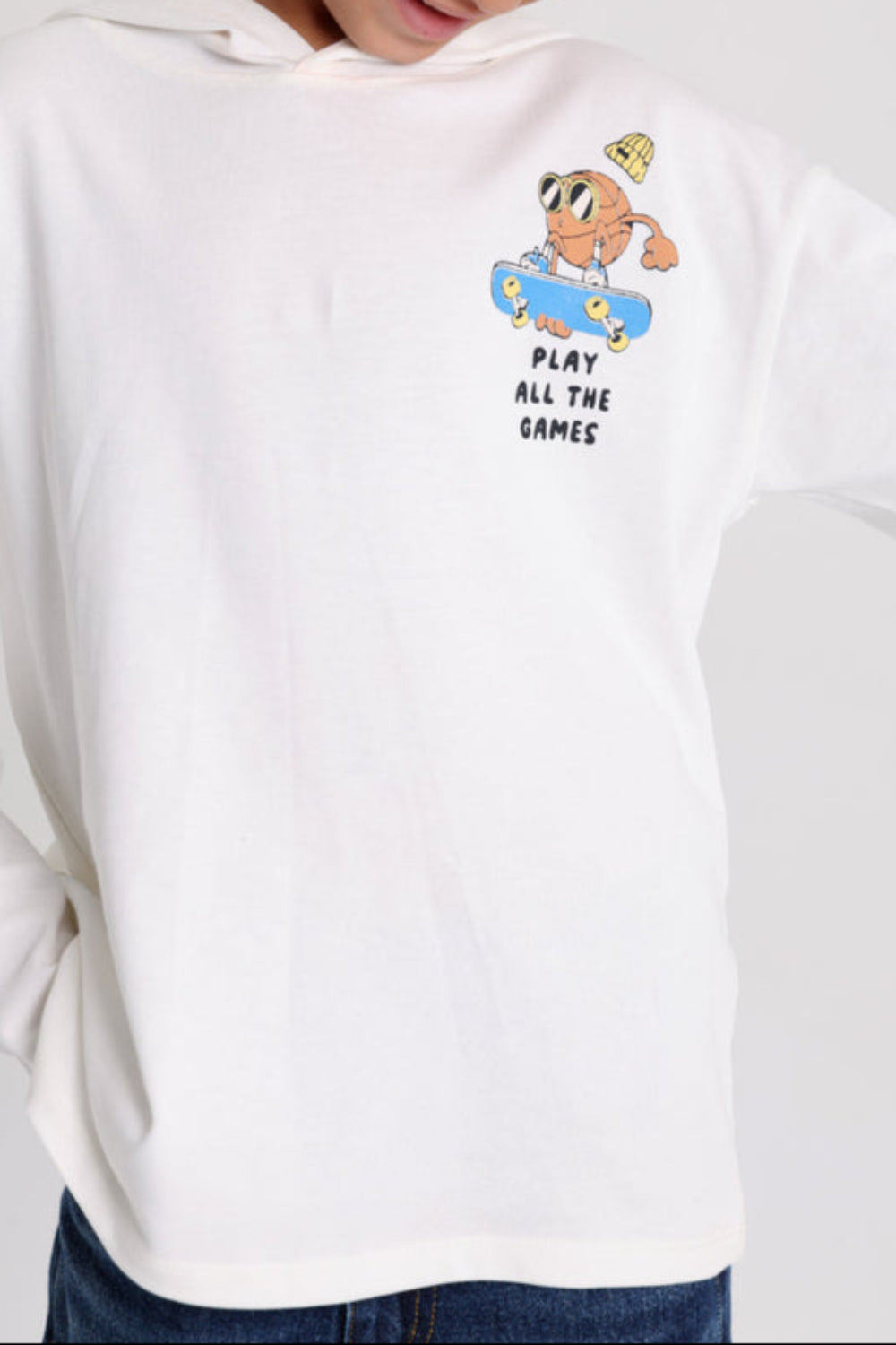 Girls Cotton Hoodie – Off-White with "Play All The Games" Print