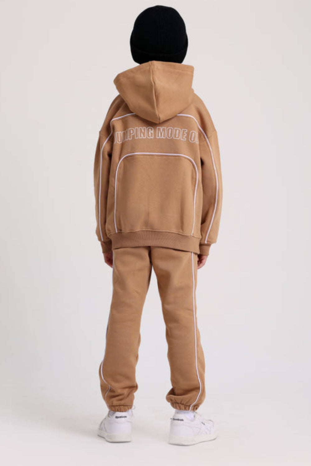 Boys Cotton Hoodie – Camel with "Jumping Mode On" Print