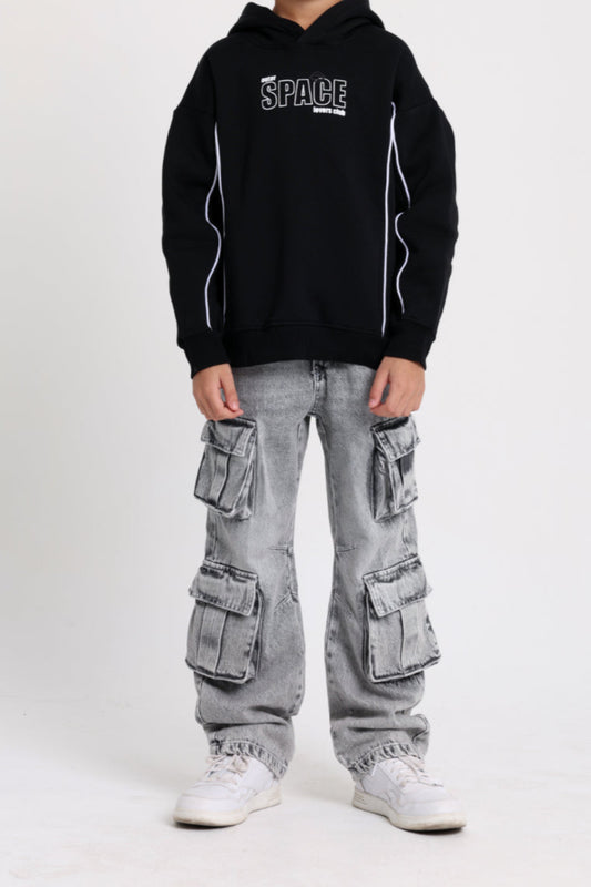 Boys Cotton Hoodie – Black with "Outer Space" Print