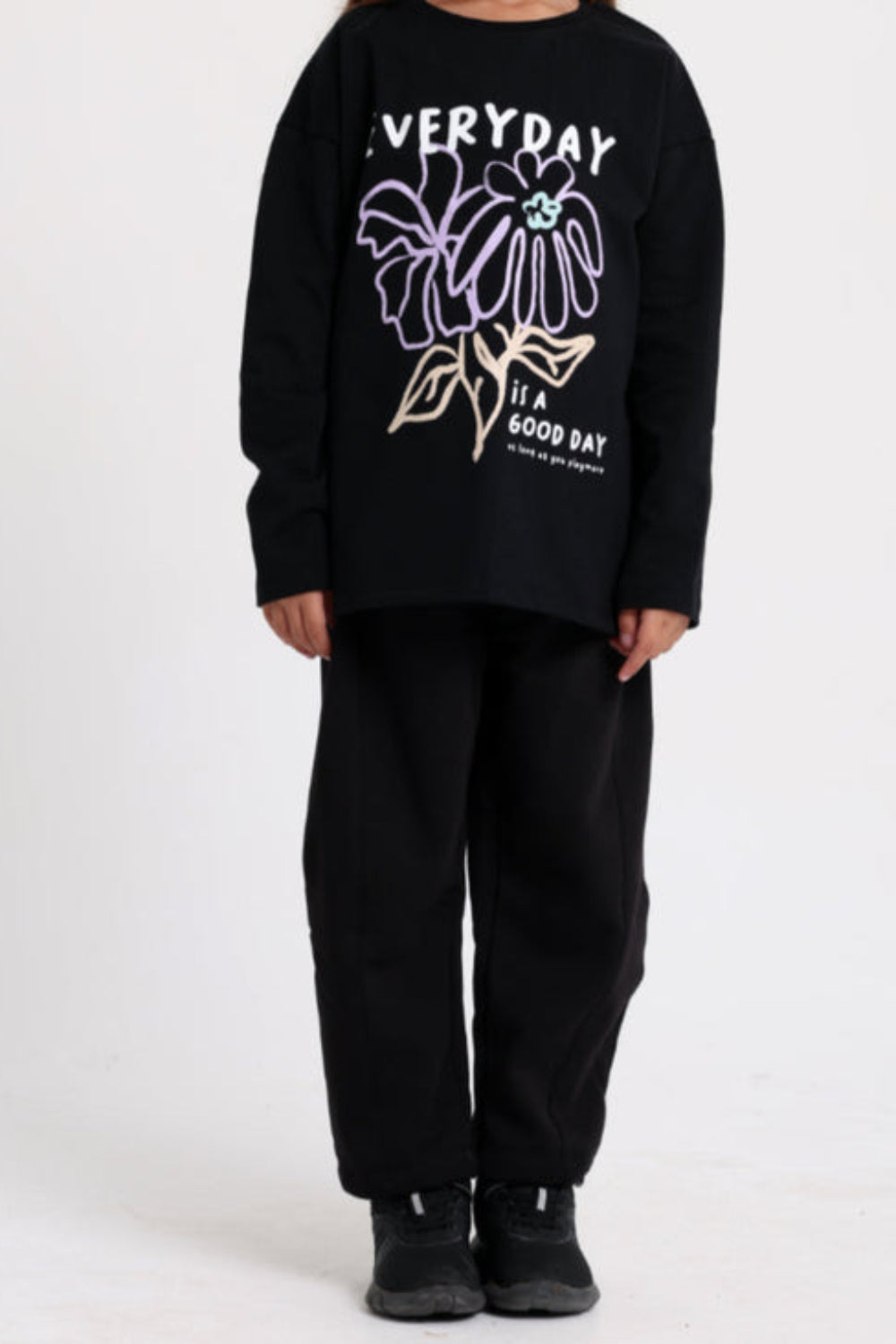 Girls Cotton T-shirt Black with "Everyday is a Good Day" Flower Print - Clothing - Playmore
