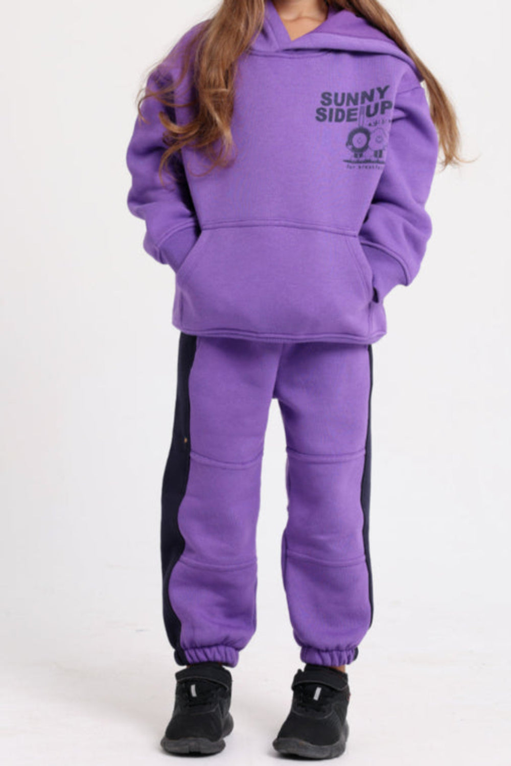 Girls Cotton Hoodie – Purple with "Sunny Side Up" Print
