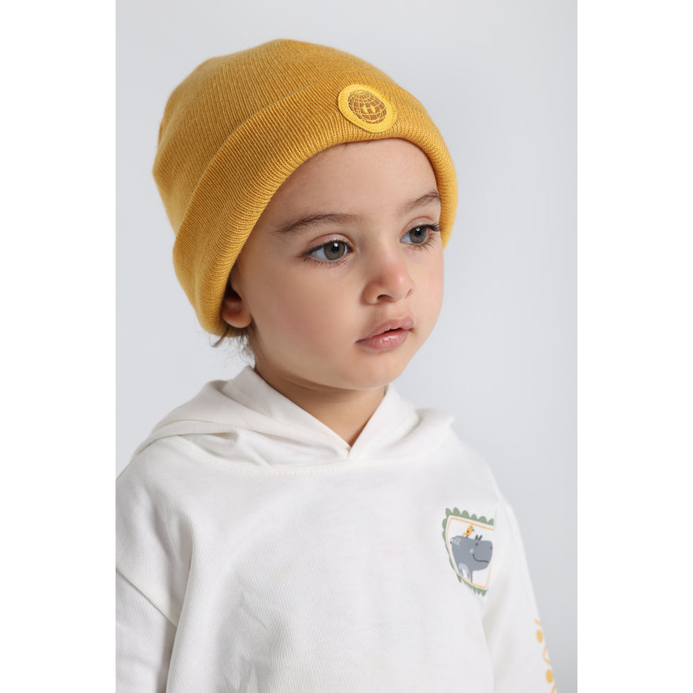 Unisex Wool Ice Cap - Mustard with Smiley Face Appliqued