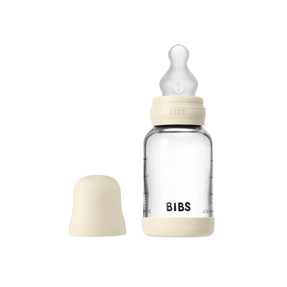 BIBS Glass Baby Bottle Round Silicone - 1 pack 240 ml Medium Flow Ivory - Baby Essentials