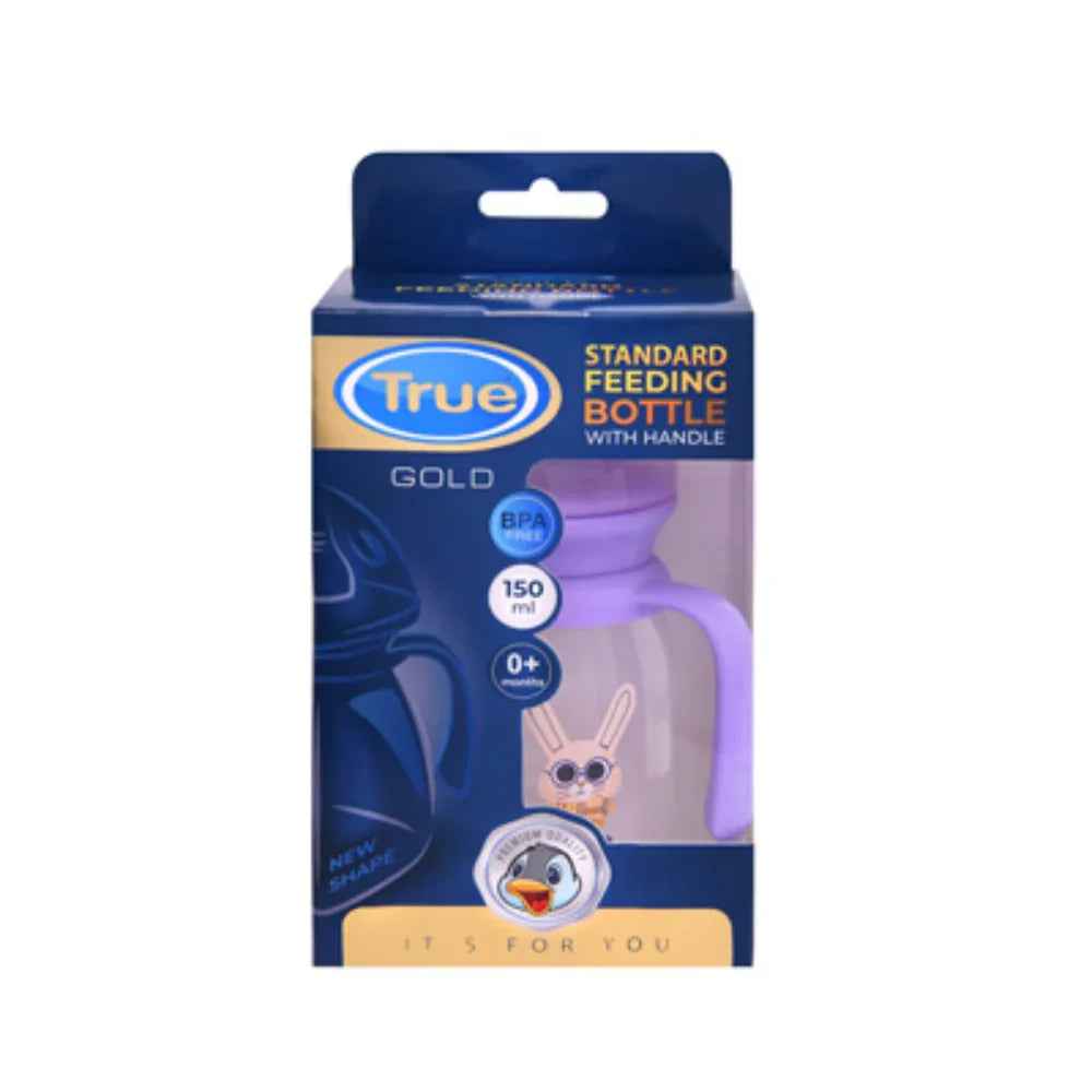 True Gold Standard Feeding Bottle with Handles 150ml 0+ – Purple - Baby Essentials