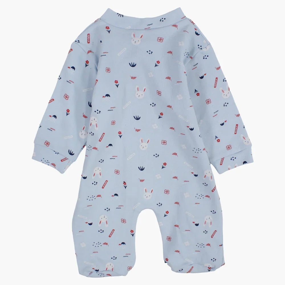Long-Sleeved Baby Footie – Baby Blue with a Cute Print