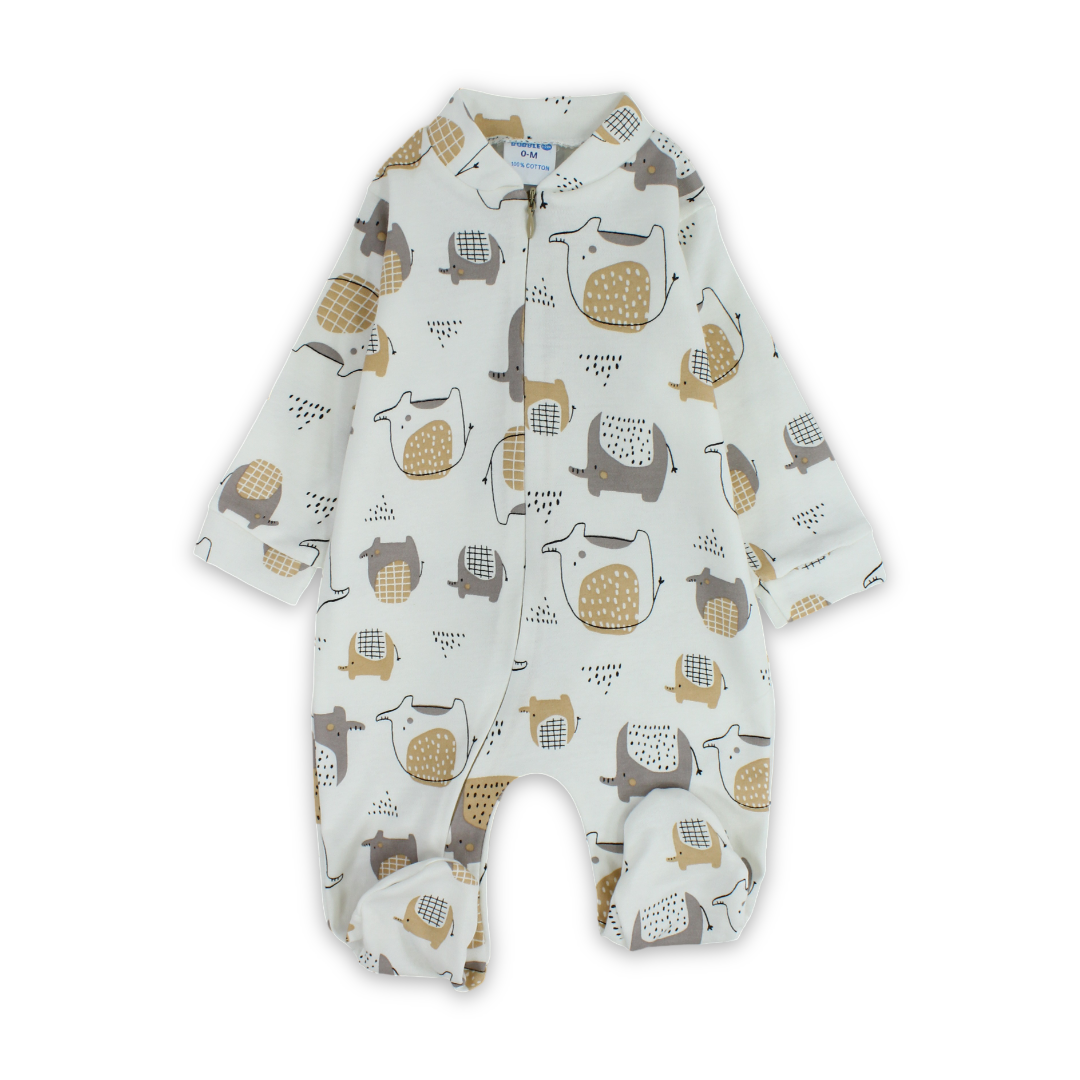 Baby Boys Cotton Baby Footie – Off-White with Elephant Print - Clothing - Bubble Boom