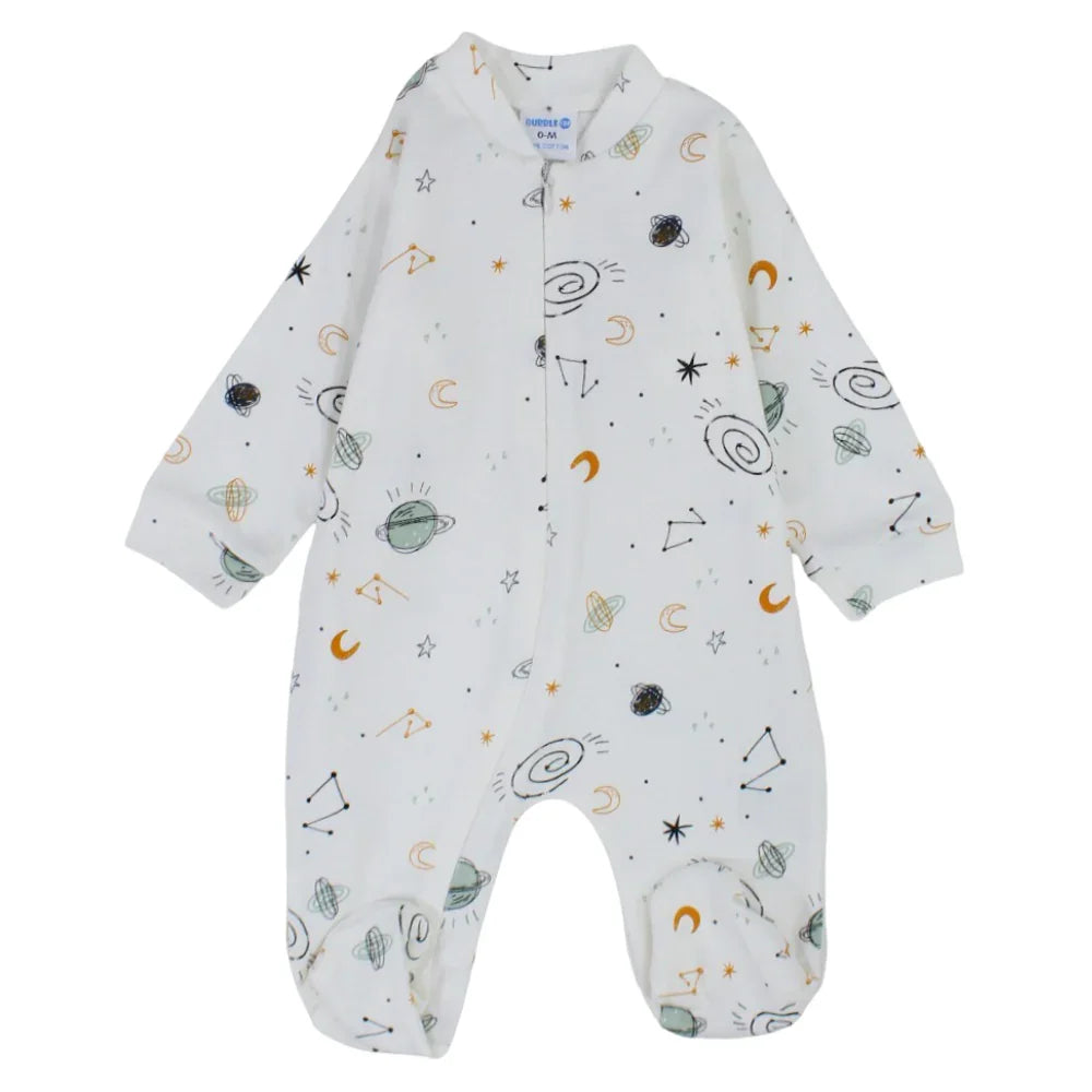 Unisex Baby Cotton Baby Footie – Off-White with Planets Print
