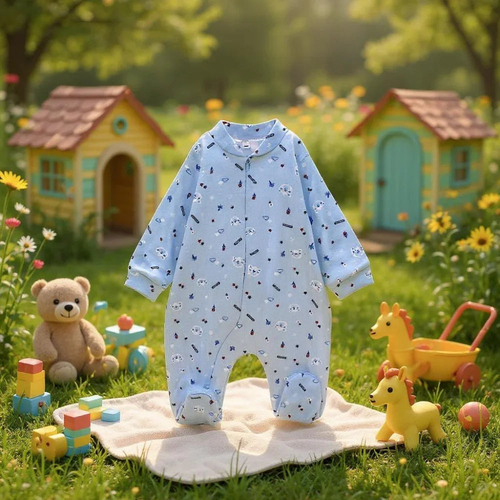 Unisex Baby Footie – Light Blue with a Fun Print