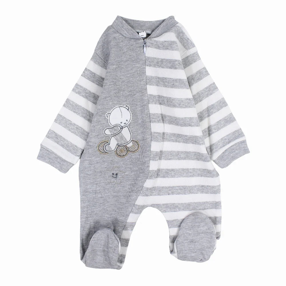 Baby Boys Striped Baby Footie – Grey & White
