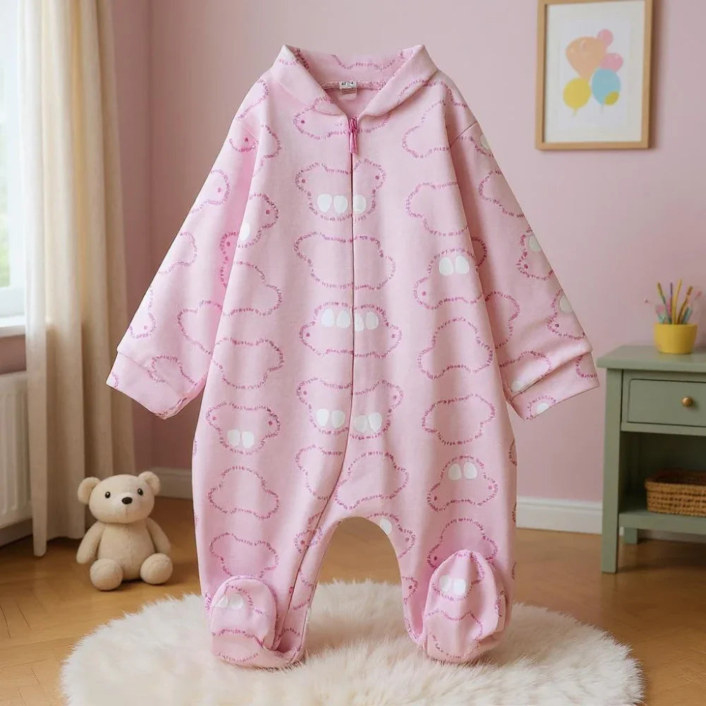 Baby Girls Baby Footie – Pink with Car Prints