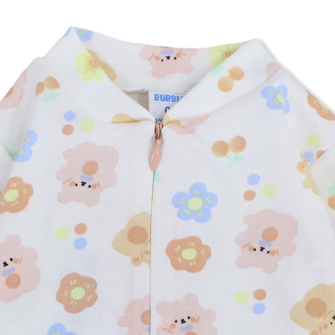 Baby Girls Cotton Baby Footie Onesie – Off-White with Flowers Print