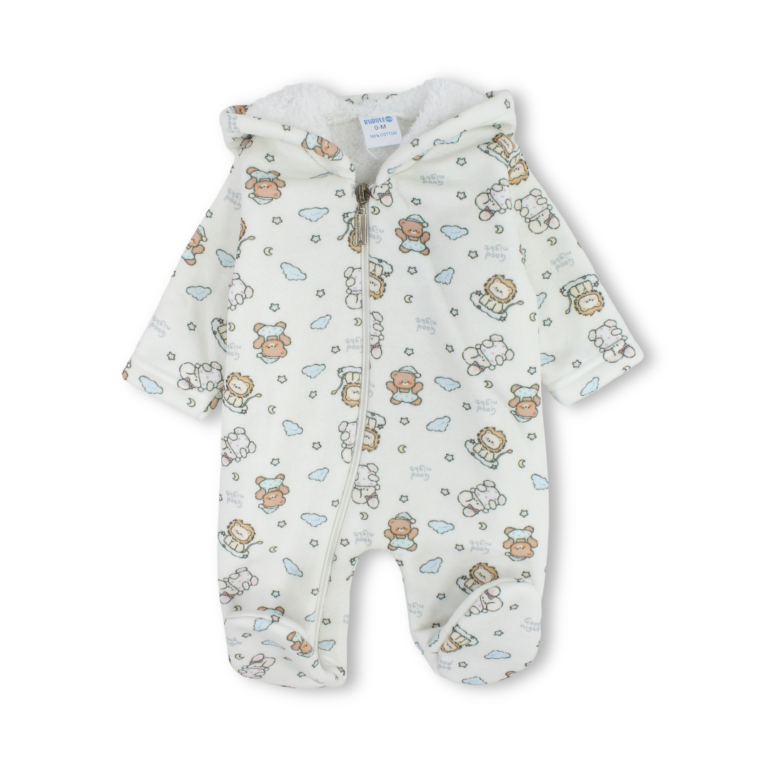 Baby Boys Fleece Hooded Baby Footie – Off-White with Teddy Bears & Lions Print