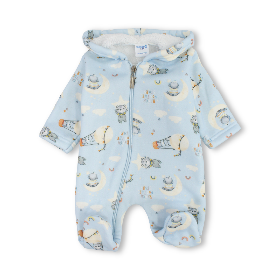 Baby Boys Fleece Hooded Baby Footie – Baby Blue with Teddy Bears & Hot Air Balloons Print