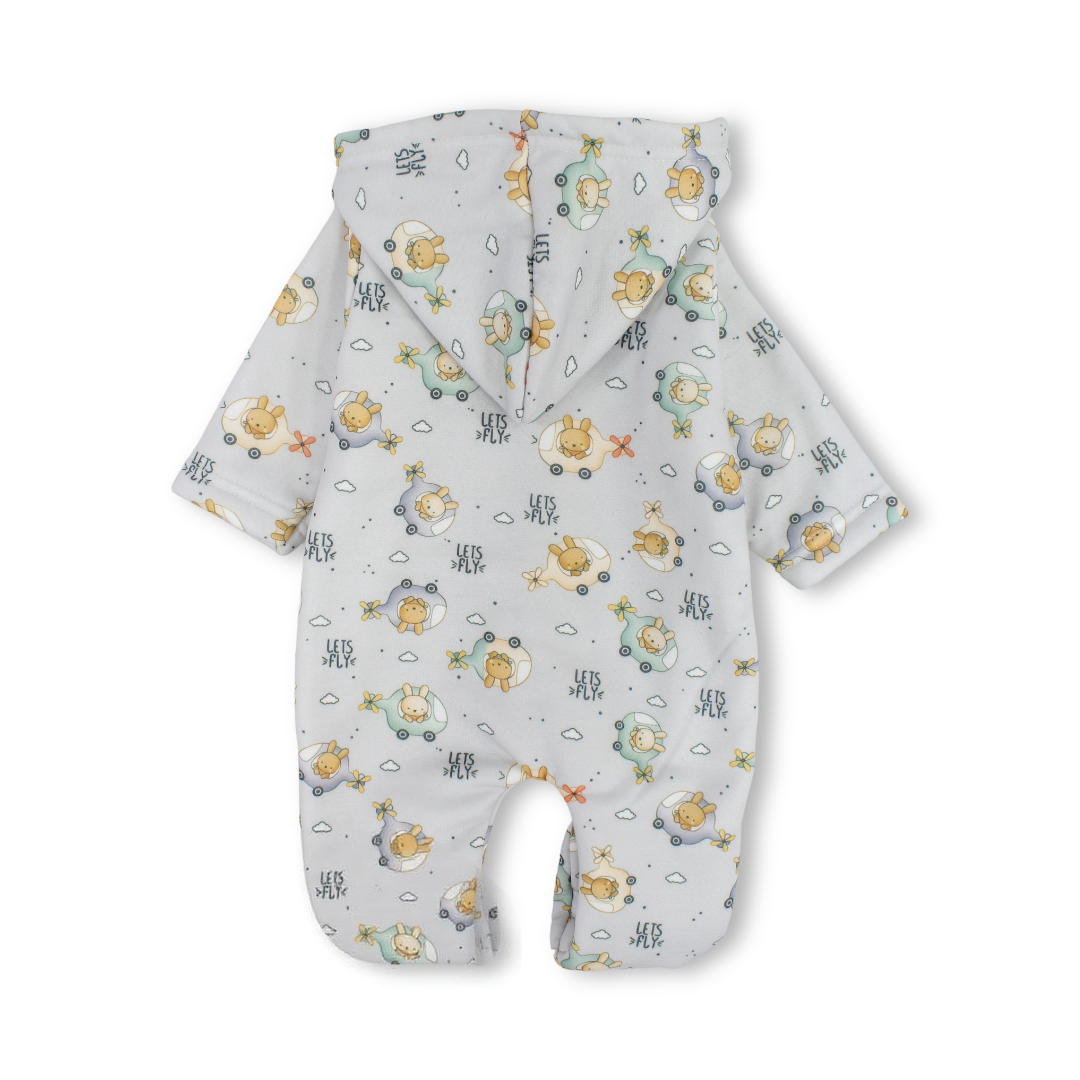 Baby Boys Fleece Hooded Baby Footie Onesie – Grey with "Lets Fly" Print